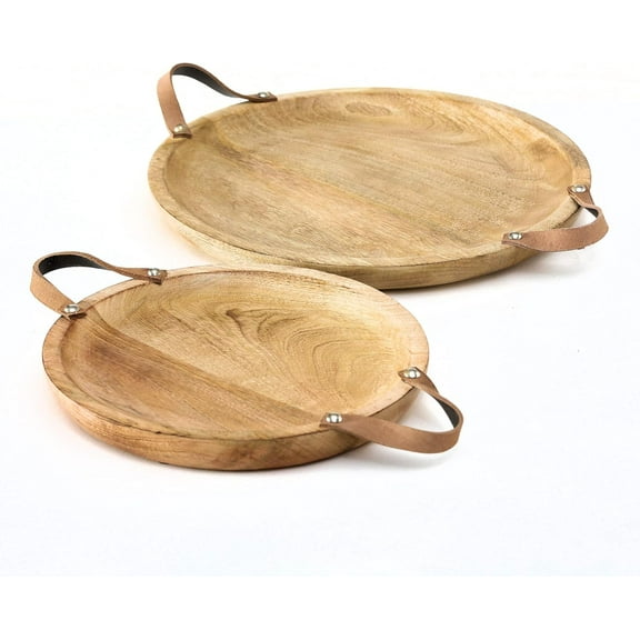 Mango Wood Board Servers, Set of 2, Brown Leather Handles, Rustic Rounds, for Cheese, Crackers, and Hors D'oeuvres, 15 Inches Diameter