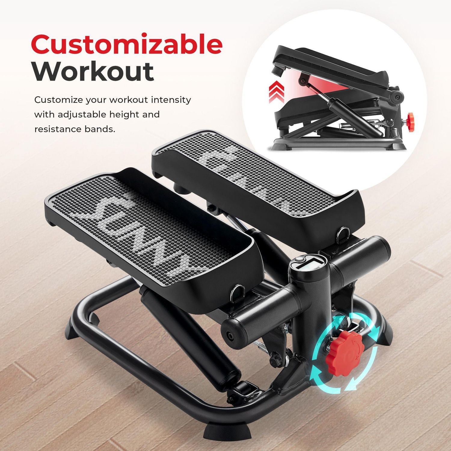 Sunny Health & Fitness Total Body Smart 2-in-1 Stepper Machine, Total Body Workout, Adjustable Hydraulic, LCD Monitor, Resistance Bands, Non-Slip Pedals with Optional Smart SunnyFit App