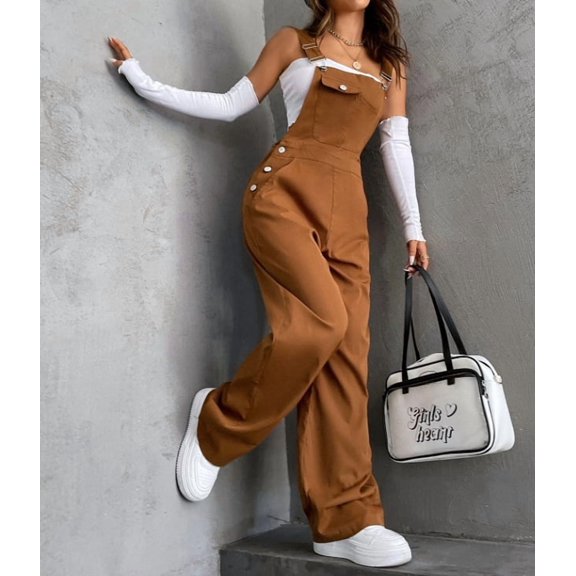 Bronze Loose Wide-Leg Overalls Cargo Pants for Women, Adjustable Shoulder Straps Casual Jumpsuit with Functional Pockets