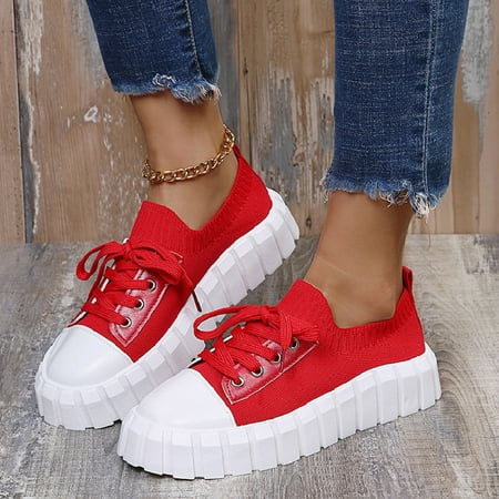 

JNGSA Canvas Shoes Daily Casual Board Shoes Thick Soled Solid Color Lace Up Women s Shoes Red 40 Clearance