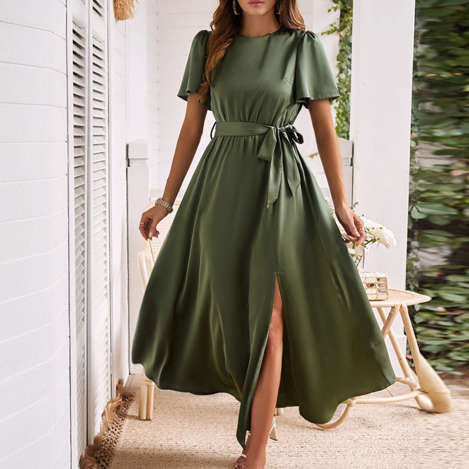 Women's Solid Color Short Sleeve V-Neck Frenum Dresses Casual Tropical  Resort Hawaiian (01- Army Green