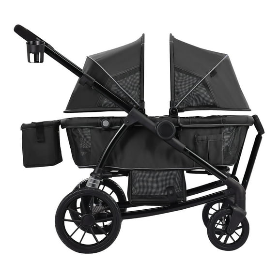 KFFKFF Multi-Terrain Wagon Stroller, Dual-Seating, Easily Foldable for Travel, Comes with Shade Cover, Storage for Parents, Food Tray & Beverage Holders, Supports up to 55lbs per Seat