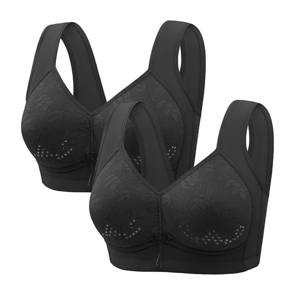 qolati 2 Pack Daisy Bras for Old Women Push Up No Underwire Comfy Everyday Bra Full Support Wide Back Sports Bras Black XXL(42/95)