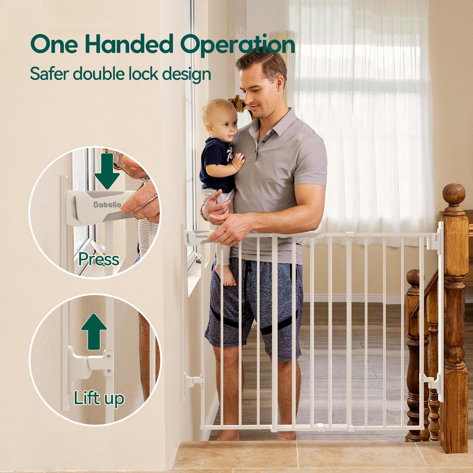 Gate for Stairs & Doorways, 26-43" W 34" H Extra Tall| No Bottom Bar| Easy Installation| One-handed Operation| Auto-close| Hardware Mount (Drill Needed) Safety Dog/Pet Gate Indoor (White)