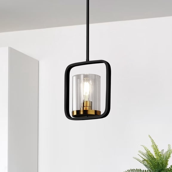 YANSUN 1-Light Black and Gold Kitchen Island Pendant Light with Clear Glass Shade for Dining Room