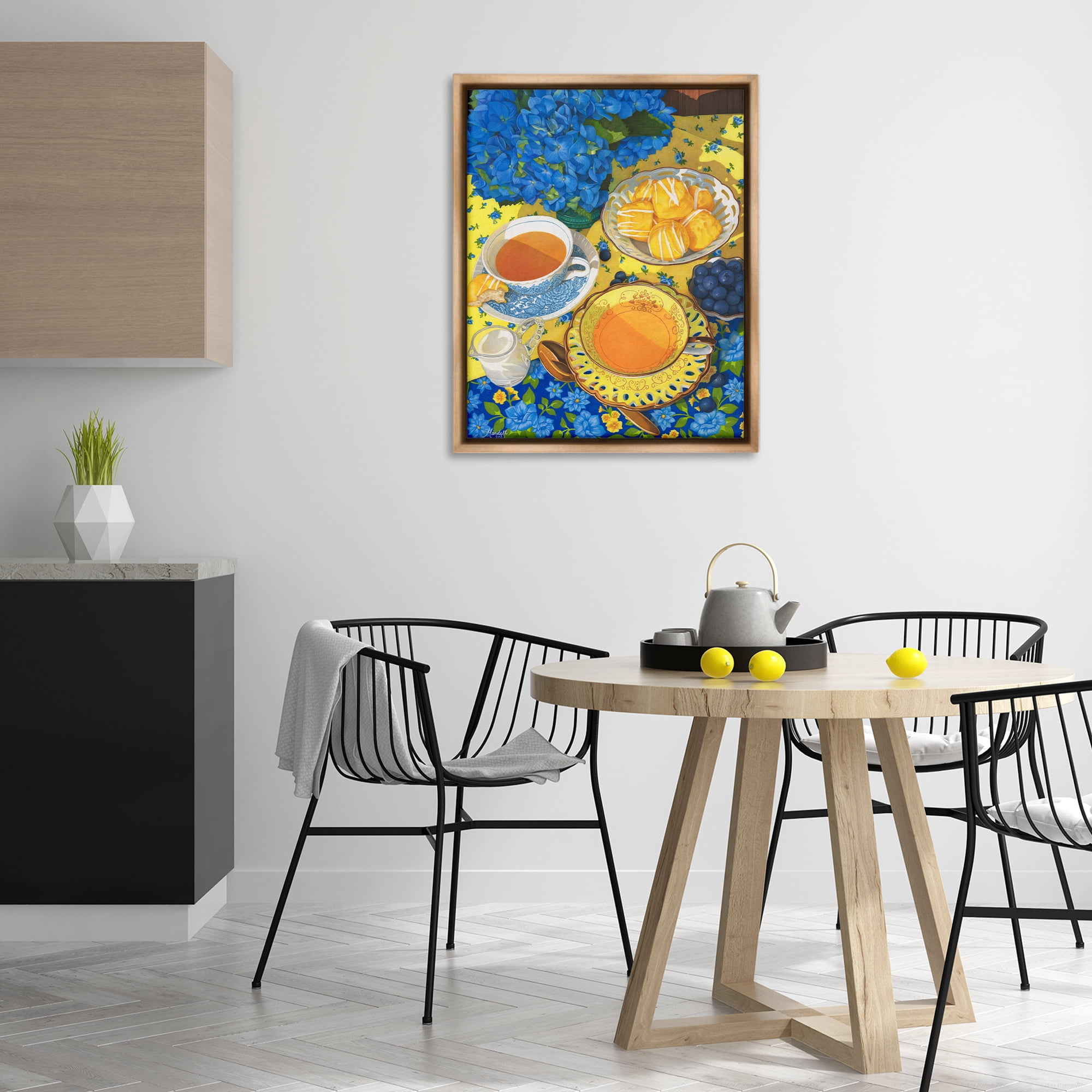 Stupell Industries Blue & Yellow Tea Party Food & Beverage Painting Brown Floater Framed Art Print Wall Art, 25 x 31