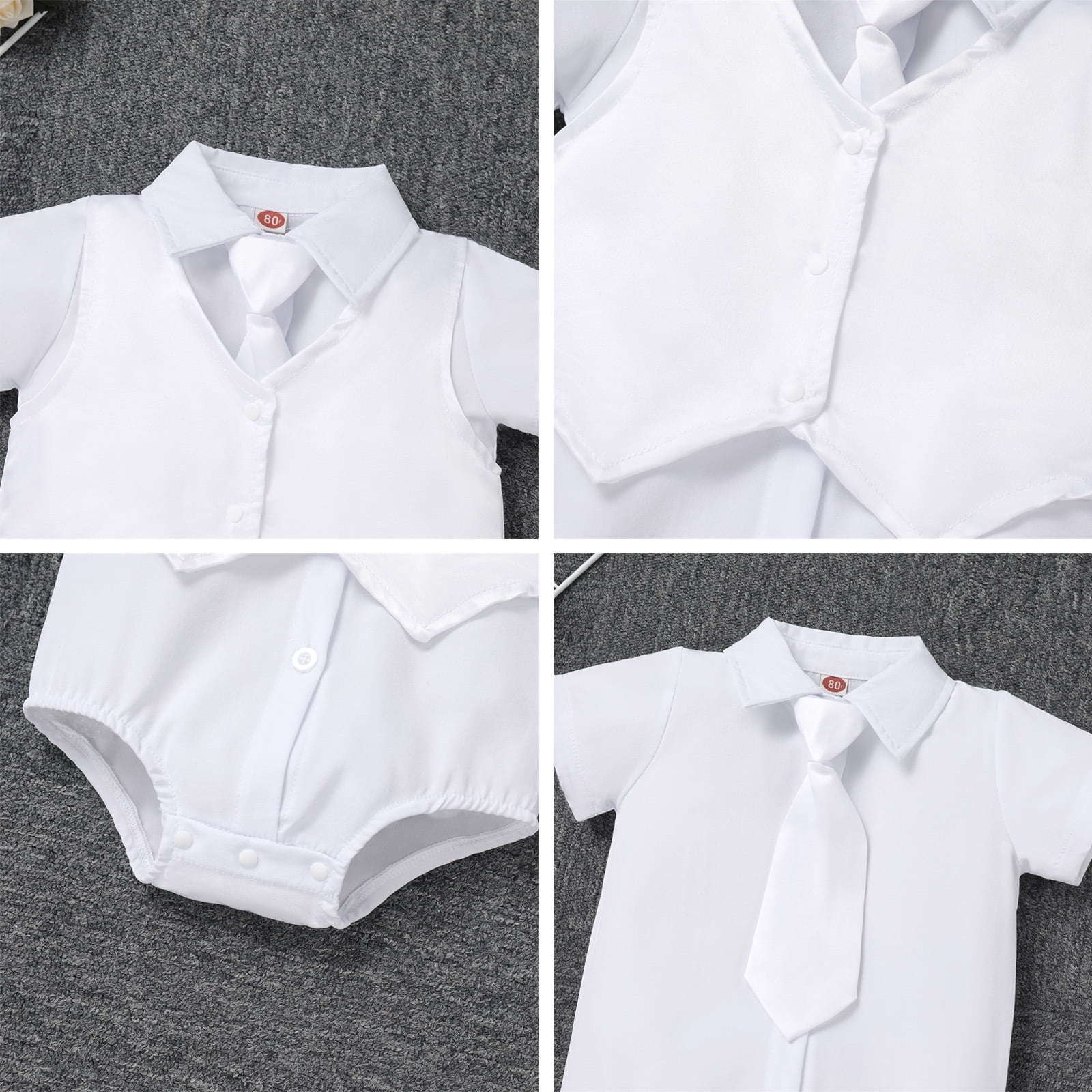 Baby Boys Baptism Christening Outfits Gentleman Formal Suit Bowtie Romper Vest Shorts Pants White Wedding Tuxedo Party Outfits First Birthday Cake Smash Clothes 4PCS Set (White Necktie, 6-12 Months)