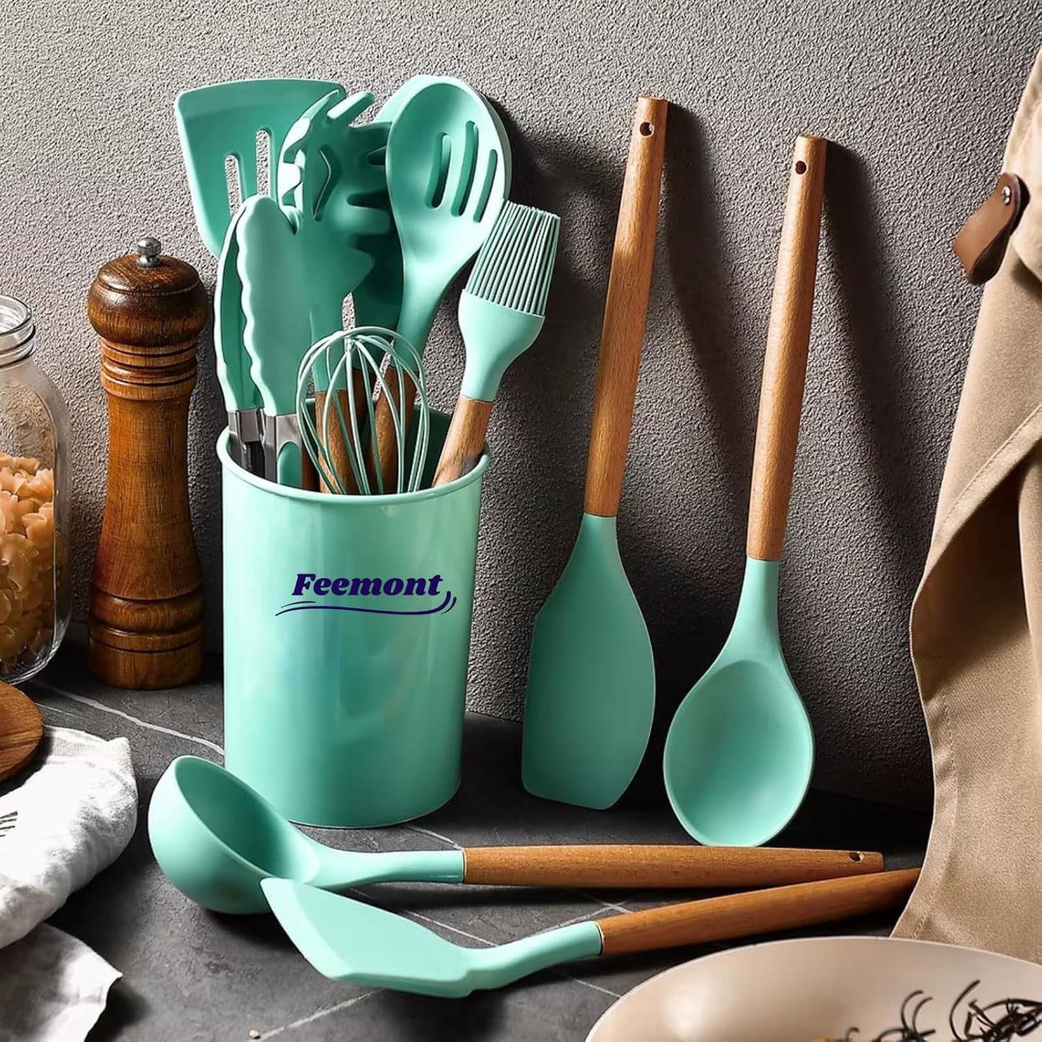 12-Piece Silicone Cooking Utensils Set with Wooden Handles, Heat Resistant Non-Stick Kitchen Gadgets (Green)