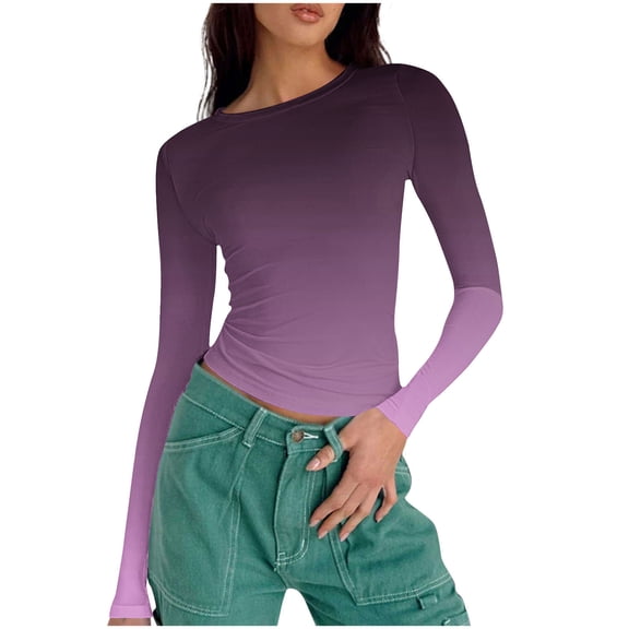 NuoCaiYun Long Sleeve Crop Tops for Women Going Out Crewneck Shirts Trendy Tie Dye Y2K Tight Workout Casual Dressy Blouses