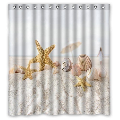 GreenDecor Star Fish Sea Shell Beach Waterproof Shower Curtain Set with