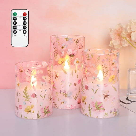 Pink Floral Glass Flameless Pillar Candles with Remote, Flickering Spring LED Battery Candles Home Decor Set of 3