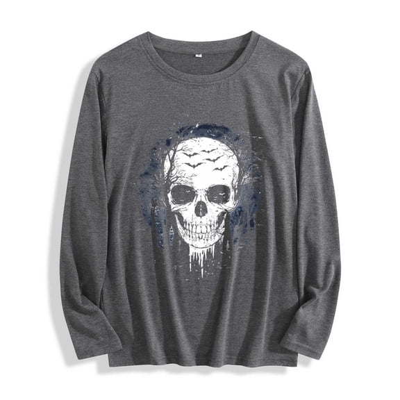 YUGYXL Women's Halloween Sweatshirts Skull Graphic T Shirts Long Sleeve Pullover Tops Gothic Fall Clothes Gray L