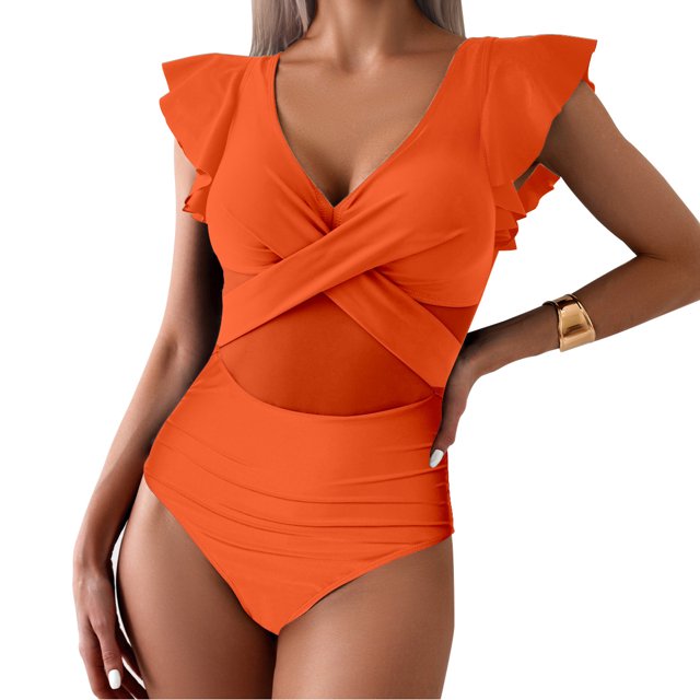 Maillot de Bain une Pièce à Volants pour Femmes, Push-Up, Couverture Complète, Rembourré, Amincissant