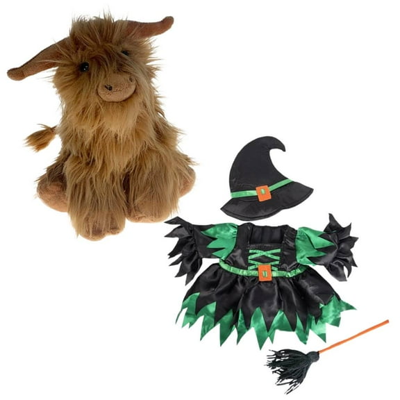 16 inch Hugo The Highland Cow Plush Toy in Enchanting Witch Costume – Halloween Plush Stuffed Toy with Witch Hat, Dress, and Broomstick – Soft & Cuddly Stuffed Animal Gift for Kids