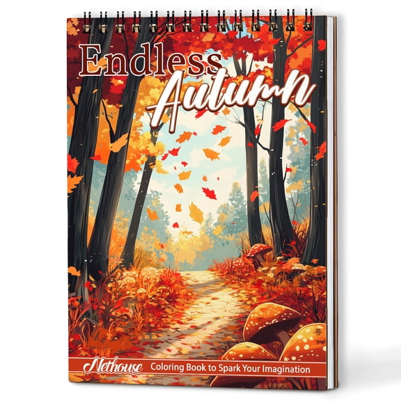 NETHOUSE Endless Autumn Coloring Book Spiral Bound for Adults, A5 Wooden Cover, 30 Charming Coloring Pages of Cozy Scenes for Stress Relief and Relaxation