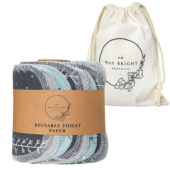 May Bright Reusable Toilet Paper with Washable Canvas Bag - Reusable Bidet Wipes - 2-ply - 15 Pack with Durable Cardboard Roll - Zero Waste Bidet Towels
