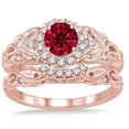 thumbnail image 2 of 2.5 Carat Red Ruby Vintage Look Moissanite Diamond Rund floral Bridal Set Engagement Ring on 10k Rose Gold, 2 of 2