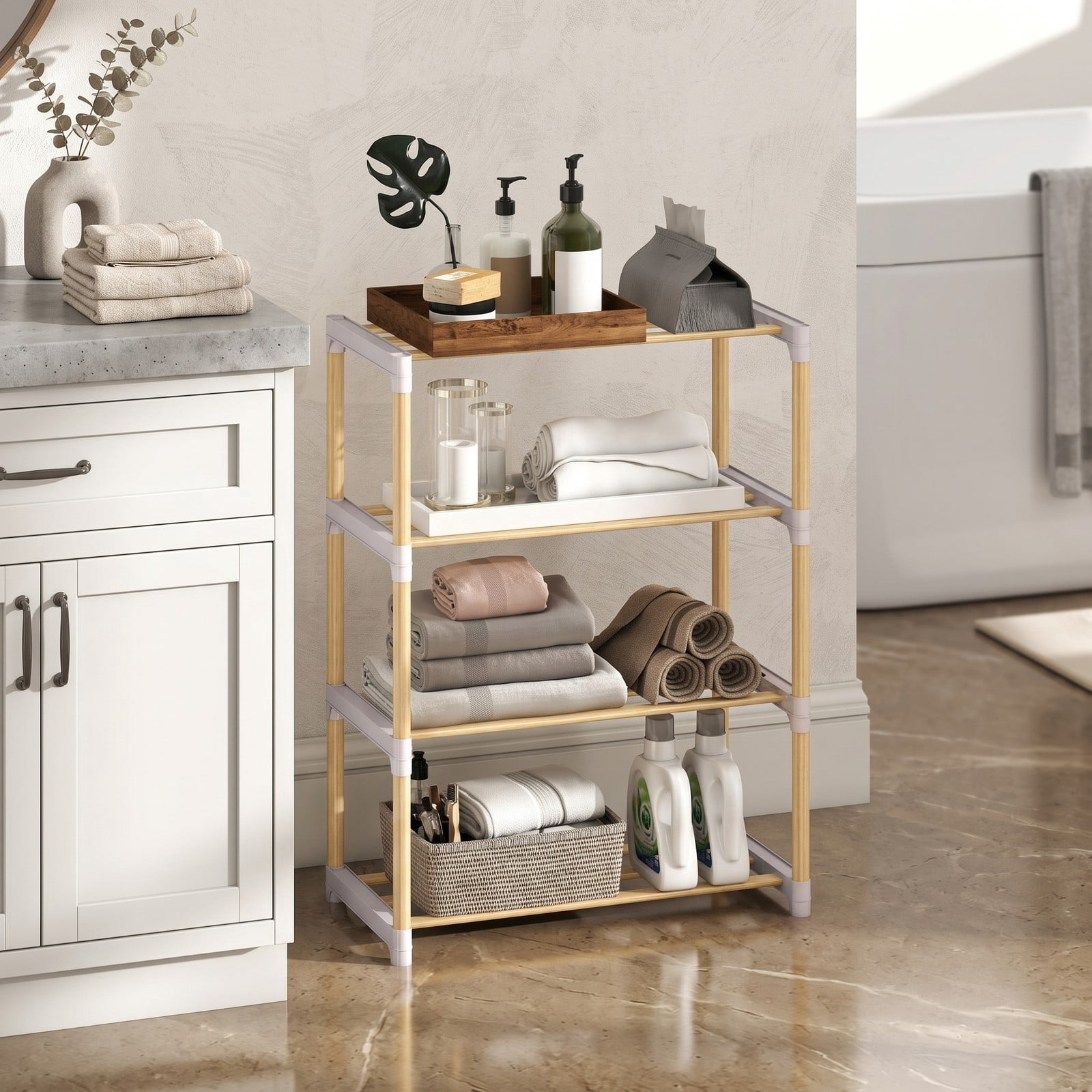 Furnibear 4-Tier Solid Pine Wood Shoe Rack with Slatted Open Shelves for Entryway Bedroom and Closet Storage, Natural and Gray
