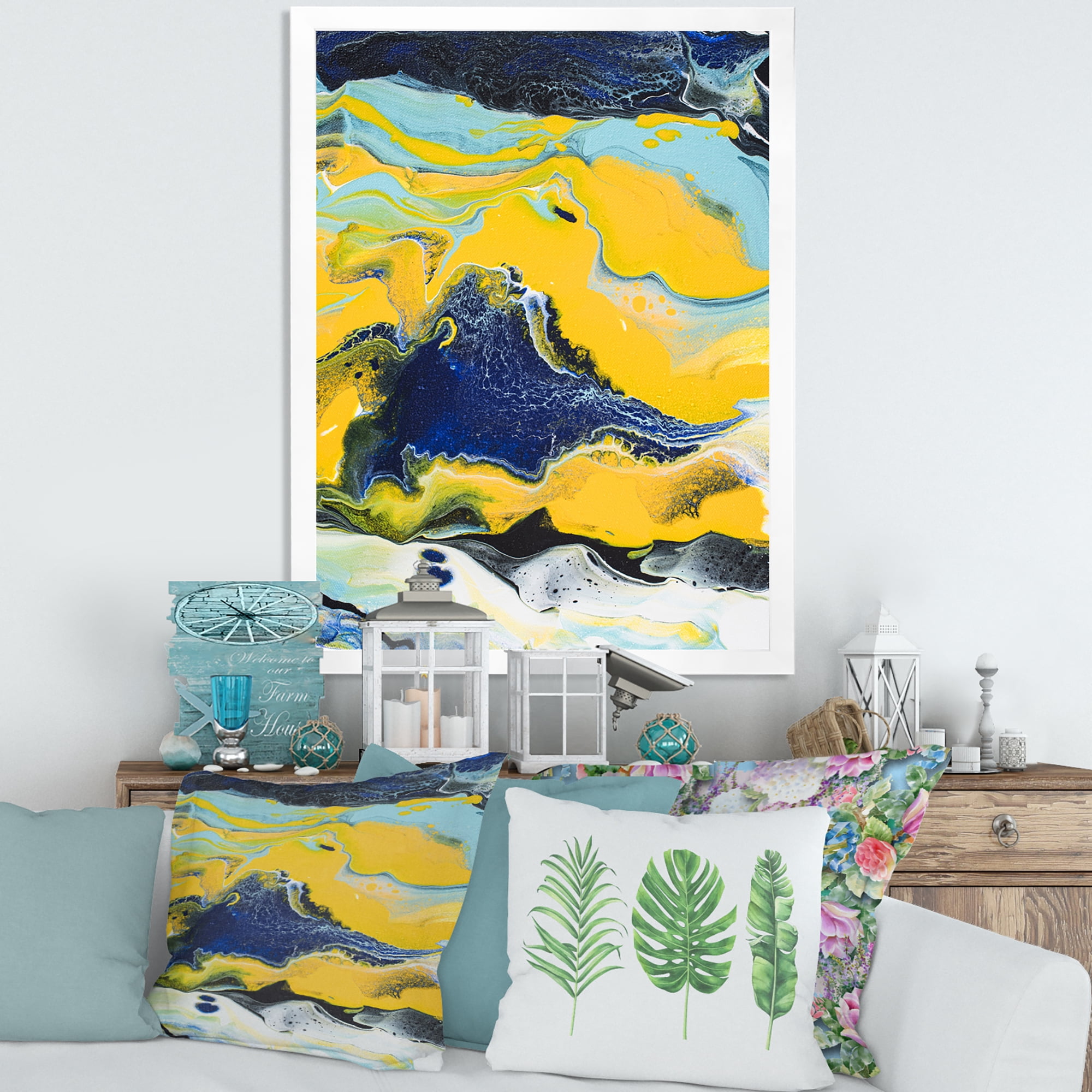 Designart 'Abstract Marble Composition In Blue and Yellow I' Modern Framed Art Print