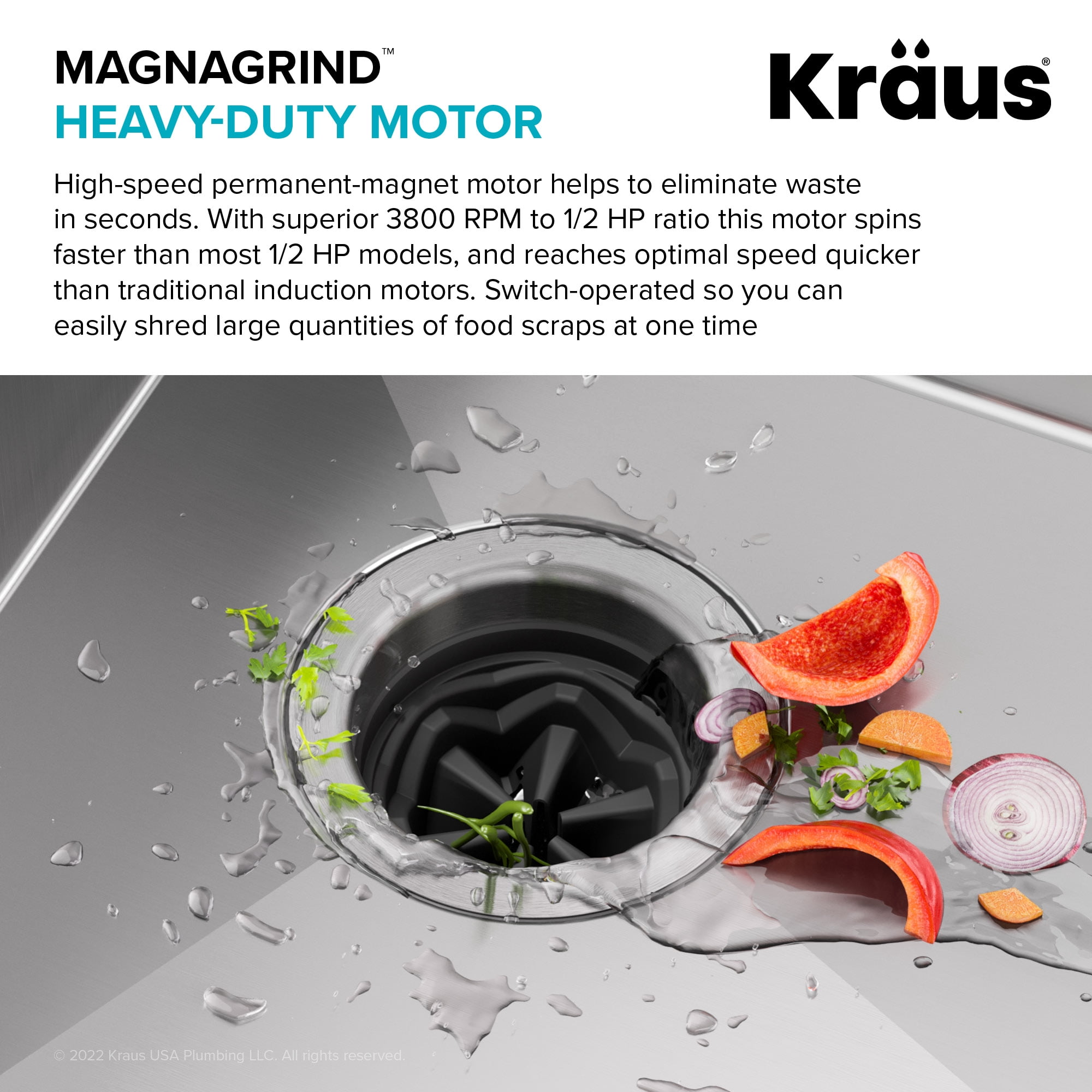 KRAUS WasteGuard High-Speed 1/2 HP Continuous Feed Ultra-Quiet Motor Garbage Disposal with Power Cord and Flange Included and Universal Mount