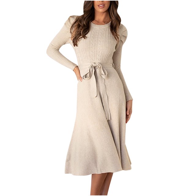 CEHVOM Robe Tricotée Unie pour Femmes Manches Longues Robe Décontractée Robe Longue