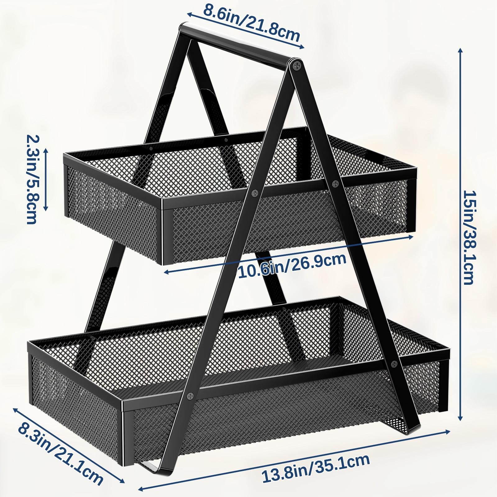 2 Tier Fruit Basket Kitchen Organizer Black Metal Handle for Fruits Vegetables Countertop Pantry Dining & Picnic