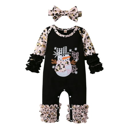 

Canrulo Newborn Baby Girls Long Sleeve Christmas Romper Santa Snowman Leopard Ruffle Jumpsuit with Headband Set Black Snowman 12-18 Months