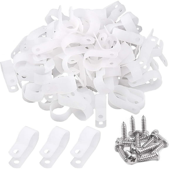 120 Pieces 5/8 inch White Nylon Cable Clamps with Stainless Steel Screws, R-Type Mounting Cord Fastener Wire Clamps for Wire Pipe Management