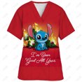 thumbnail image 3 of Blusa de uniforme de trabajo con cuello en V y cordón de manga corta con estampado de dibujos animados de Disney Stitch para mujer, 3 of 5