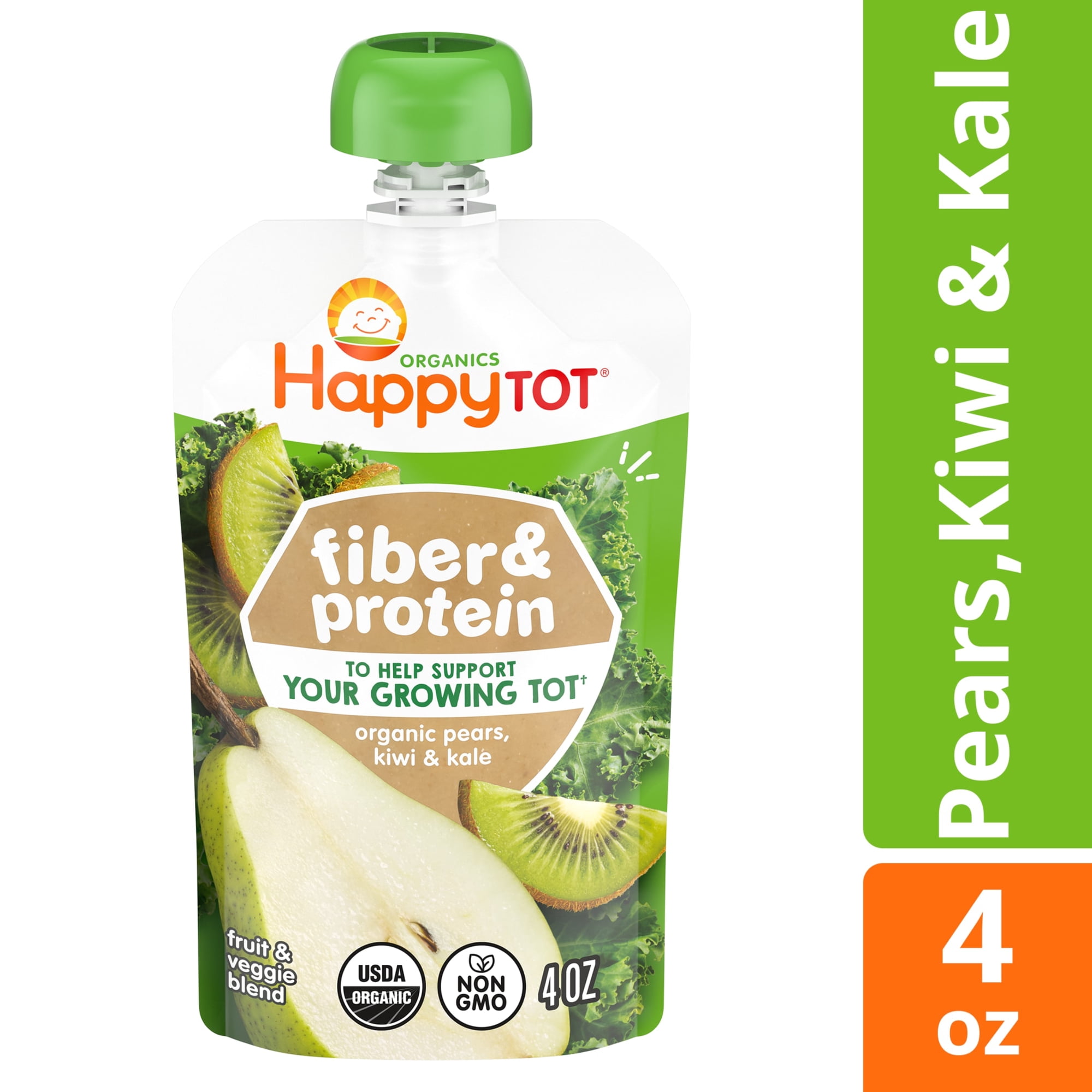 Happy Tot Organics Fiber & Protein Stage 4, Pears Kiwi & Kale Organic Tot Food, 4 oz. Pouch