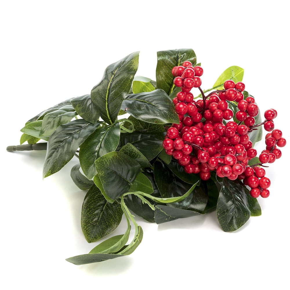 K-Cliffs 3 pieces Faux Red Berries with Green Leaves Unpotted Arrangement, Wedding Shrubs Bouquets, Vases, Wreaths for in/out doors