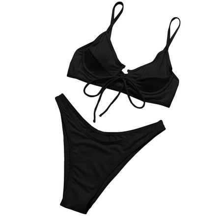 Fesfesfes Women Sexy Bikini Set Casual High Waist Cut Thong Bottoms Swimsuit Pool Party Swimwear Solid Color Beachwear Gifts for Her