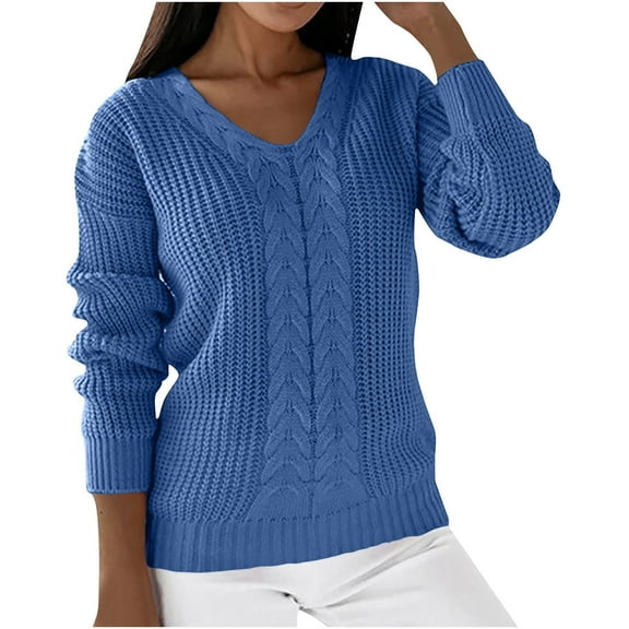 UTSJKR Fall Cable Knit Sweaters for Women 2024 Fashion Clothing Trendy Solid V Neck Pullover Tops Oversized Chunky Jumper Knitwear Casual Loose Fit Long Sleeve Sweaters Blue XXXL