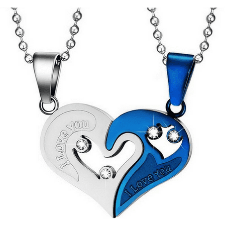 Stainless Steel Heart Shaped Crystal Necklace Chain Couples Romance Jewelry Gift (Blue)