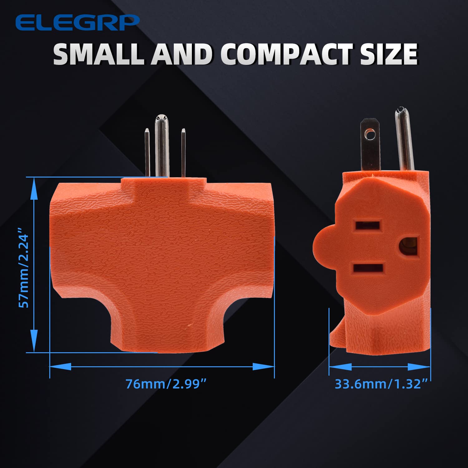 3-Prong Heavy Duty Power Extender to Triple Outlet in T Direction, Multi-Directional Grounded Wall Tap Outlet Extender with 3 Prong Plug-in, 15-Amp, 125-Volt, ETL Listed, 2 Pack, Orange