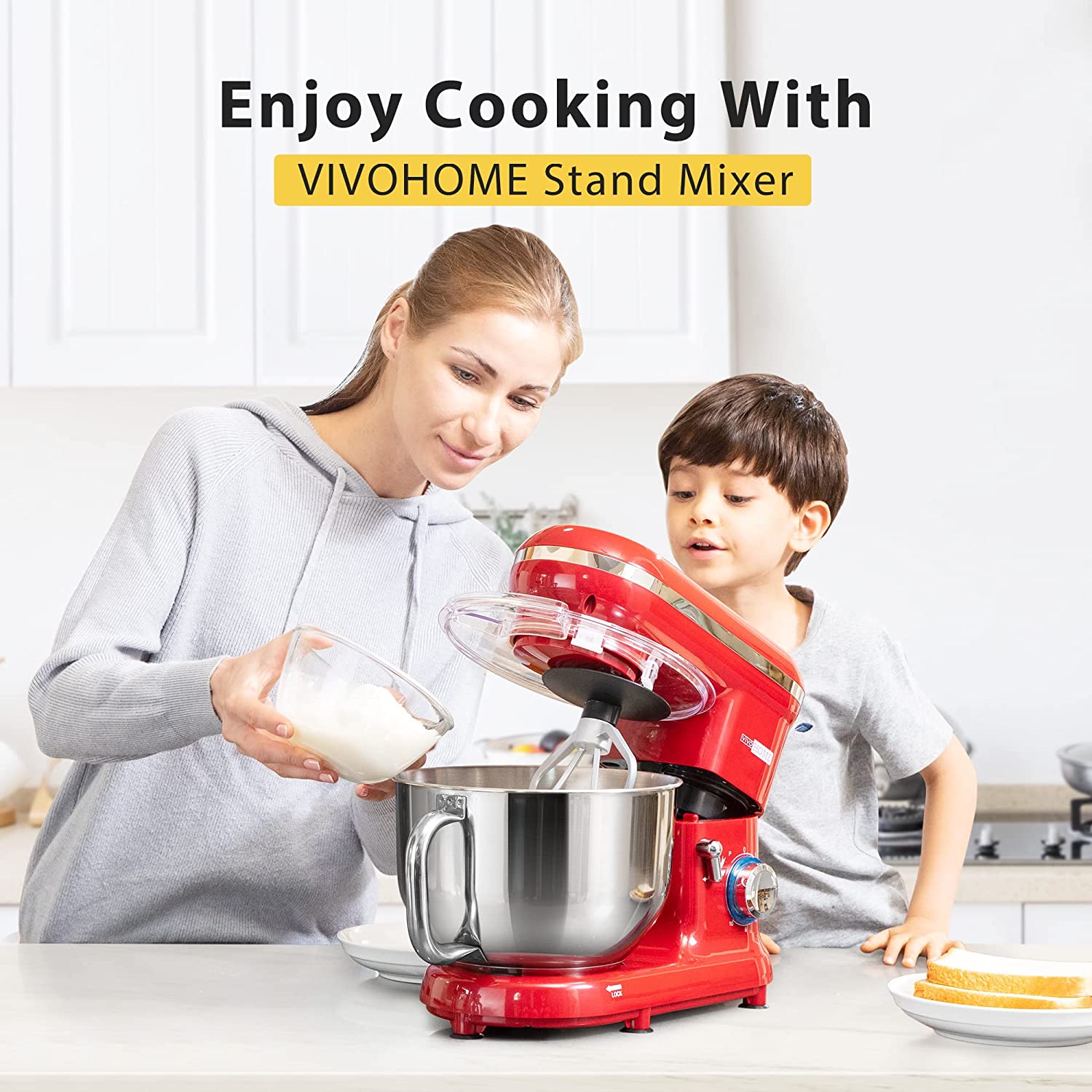 VIVOHOME Stand Mixer, 660W 10 Speed 6 Quart Tilt-Head Kitchen Electric Food Mixer with Beater, Dough Hook and Wire Whip, Red - image 4 of 8