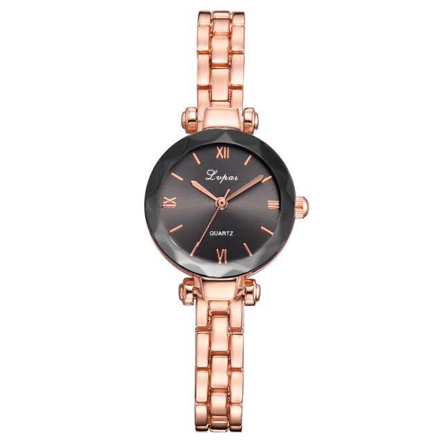 LVPAI Reloj de cuarzo con correa de aleación y números romanos retro a la moda para mujer (oro rosa + negro)