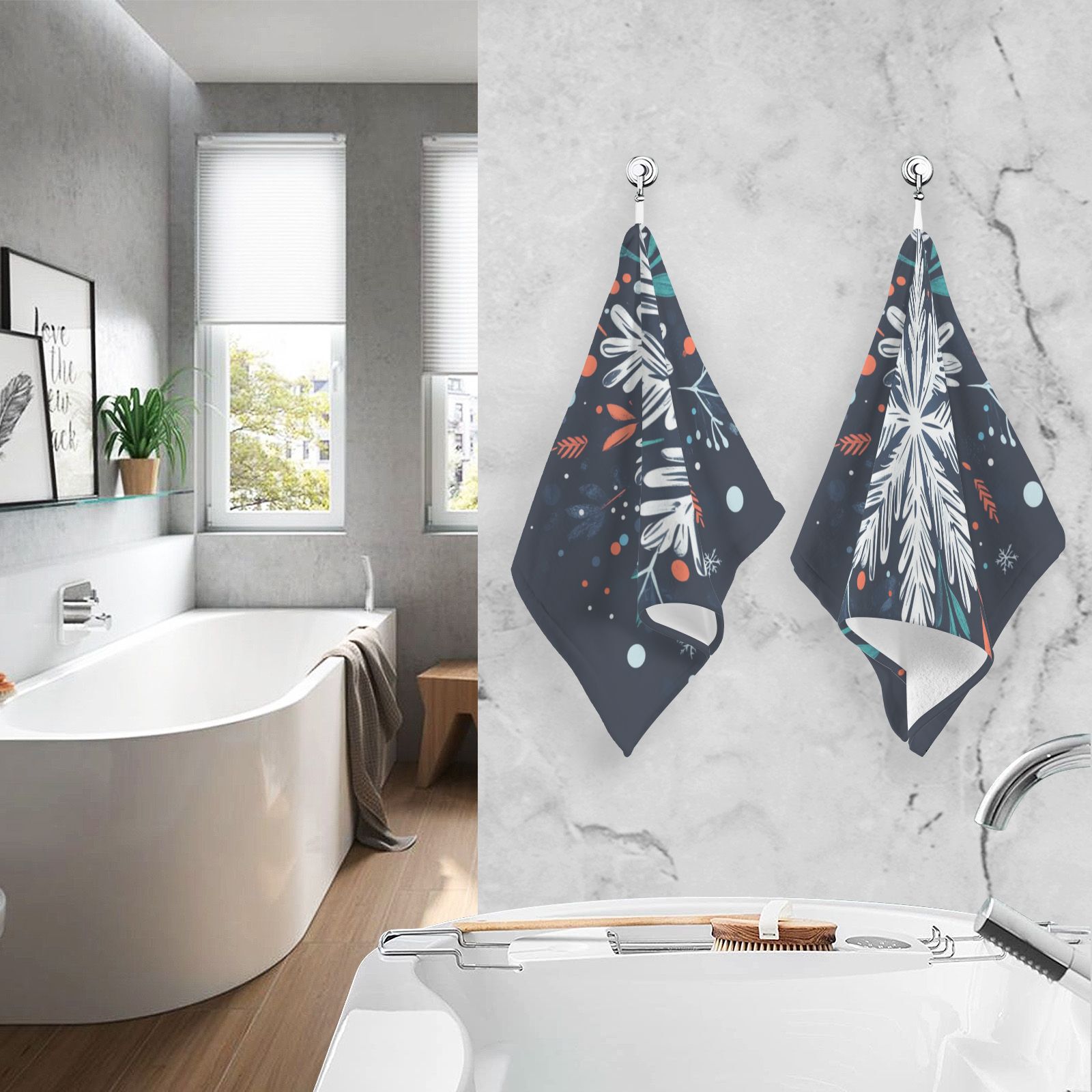 Christmas Blue Snowflake Hand Towels Cotton Bath Towels Large Face Towels Absorbent for Bathroom 2 Packs