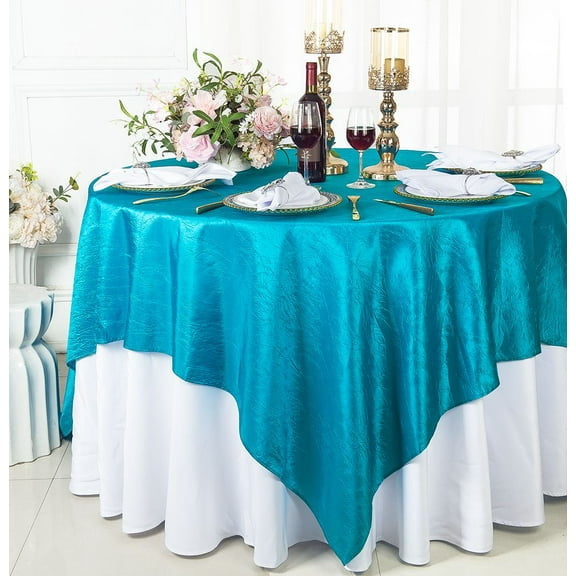 Wedding Linens Inc. 85" Square Crushed Crinkle Taffeta Table Overlay Toppers - Turquoise