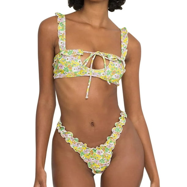 Aayomet Bikinis Sets for Women Printed Bikini Sexy Thin Lace Floral Three  Point Separate Swimsuit (Green, M) 