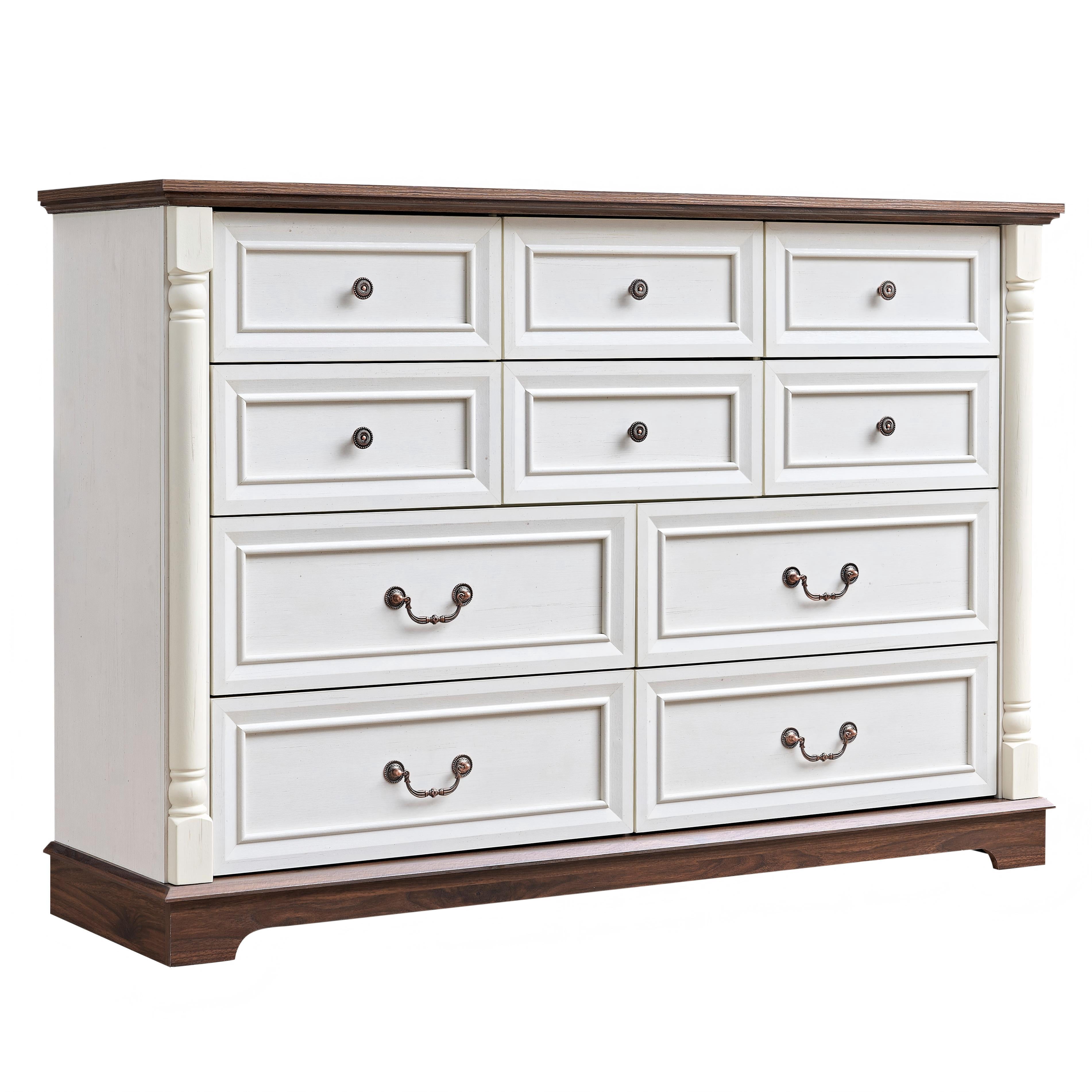 AENKYO 10-Drawer Wide Dresser, Extra Large Vintage Farmhouse Drawer Chest for Bedroom or Living Room, Antique White