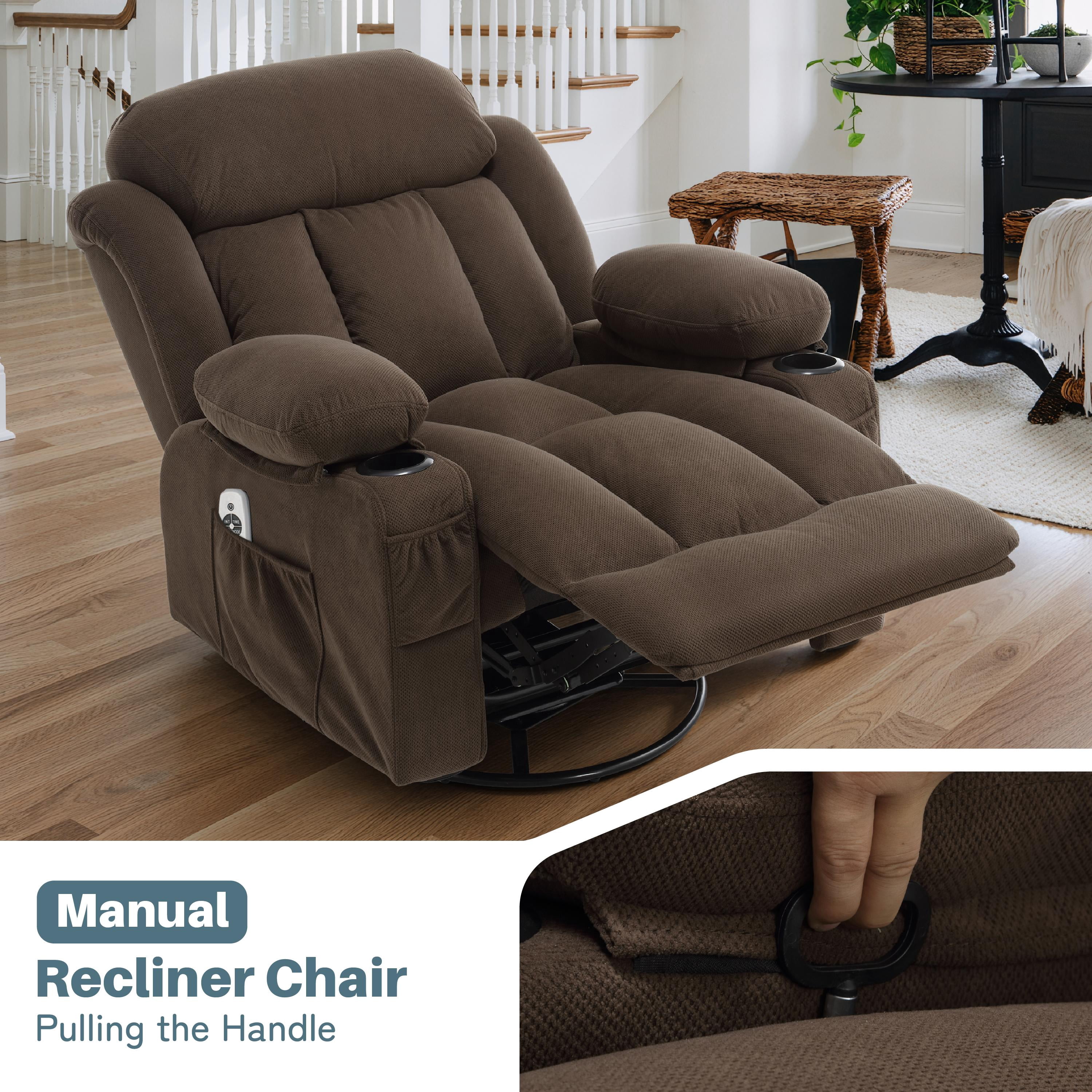 Swivel Rocker Recliner for Adults, LEGAHOME 24.4in Glider Rocking Chair for Nursery, Manual Rocking Chair with Massage and Heat for Adults, Living Room Massage Recliner Sofa with Cup Holder, Brown