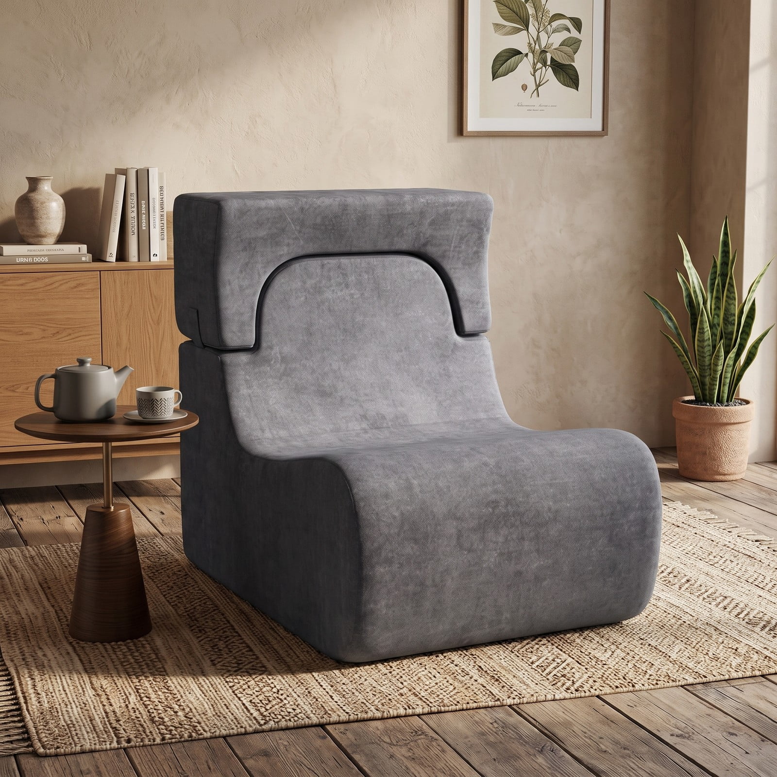 Furnibear Floor Chair Lazy Sofa with Detachable Headrest, Adjustable Padded Floor Gaming Sofa Chair, Foldable Ice Velvet Meditation Reading Seat for Living Room, Gray