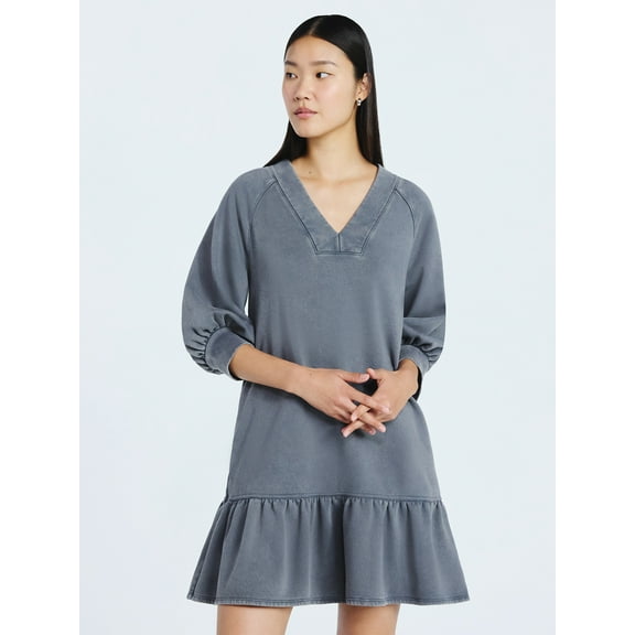 Scoop Women's and Women's Plus Deep V Neck Sweatshirt Mini Dress, Sizes XS-4X
