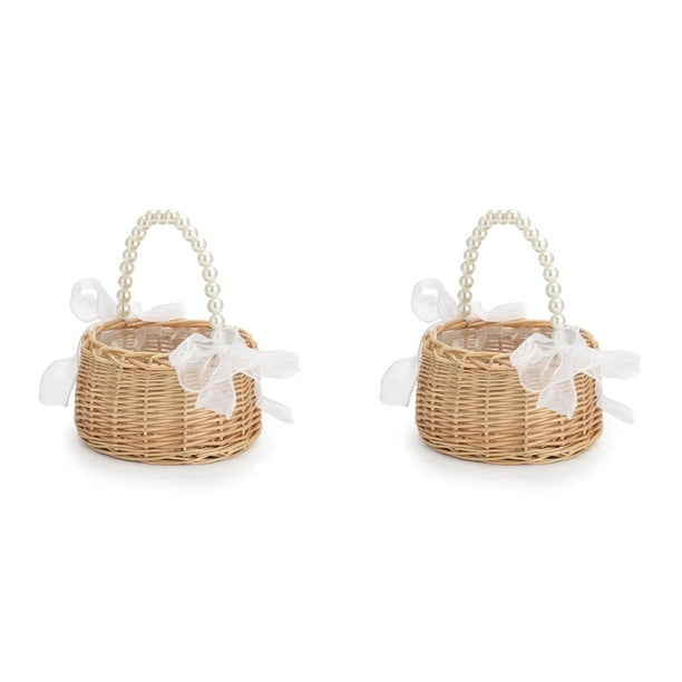 2X Cesta de Flores de Mimbre de Estilo Pastoral con Asa de Perla, Accesorios Elegantes para Decoración de Bodas y del Hogar, Cesta para Niñas de las Flores