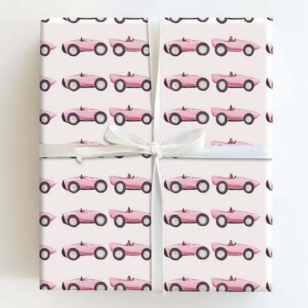 Watercolor Pink Vintage Convertible Race Car Pattern Gift Wrapping Paper