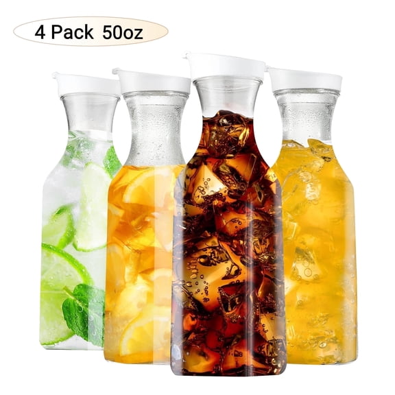 4 Pack 50oz Plastic Pitcher,Water Carafe with Flip Top Lid, Square Base Juice Containers,Water,Juice, Milk,Cold Brew and Mimosa Bar Clear Beverage