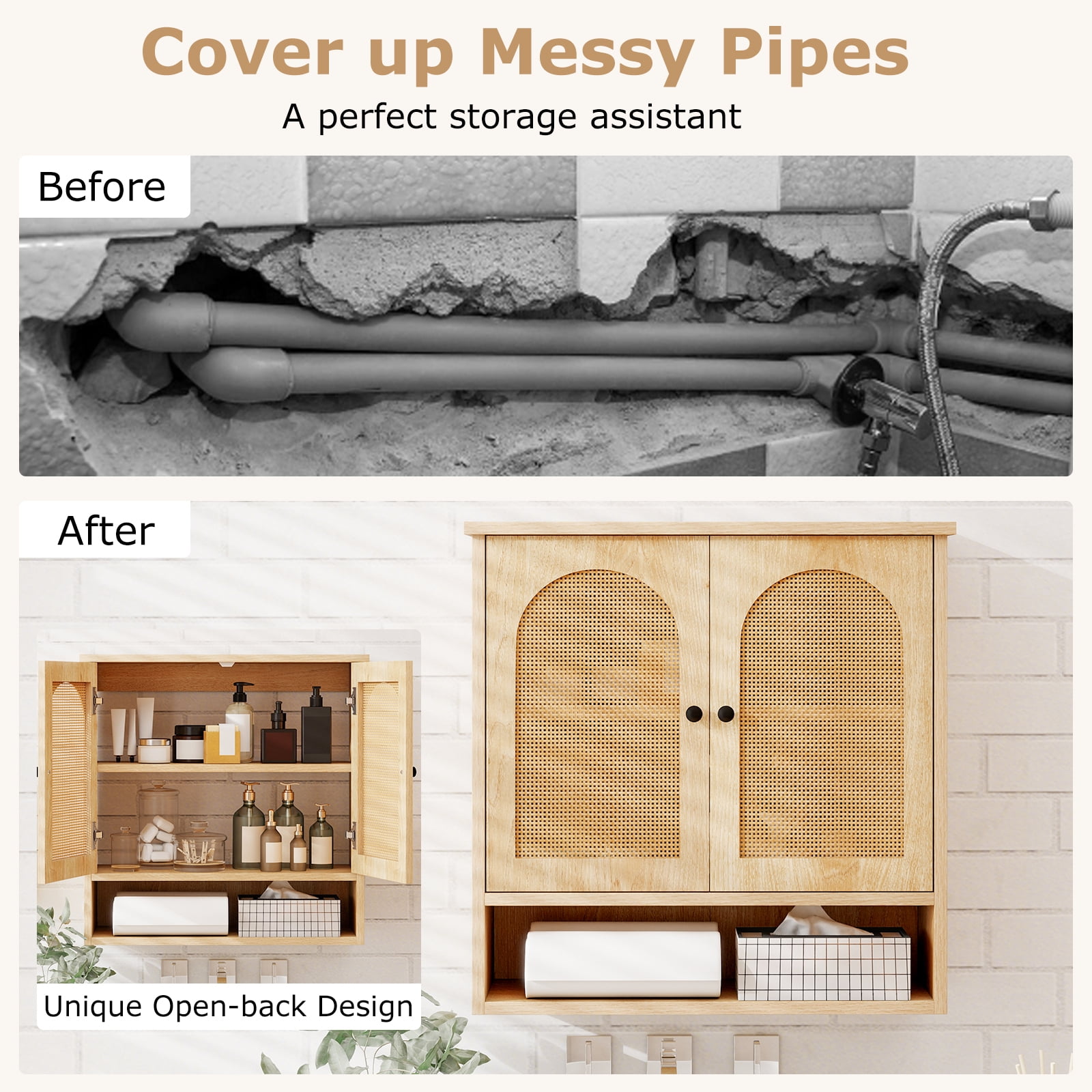 Giantex Bathroom Wall-Mounted Cabinet, Faux Rattan Medicine Cabinet w/Adjustable Shelves, Storage Cabinet Over Toilet