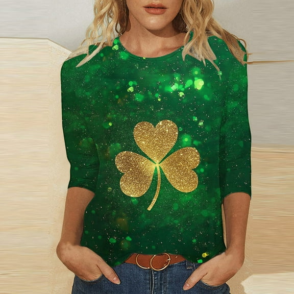 St. Patrick's Day Tshirt, Womens 3/4 Sleeve Tops, Round Neck Blouses Fashion Women's Tees Casual Crewneck 3/4 Sleeves Loose T Shirt Ladies Tops Blouses Shirts