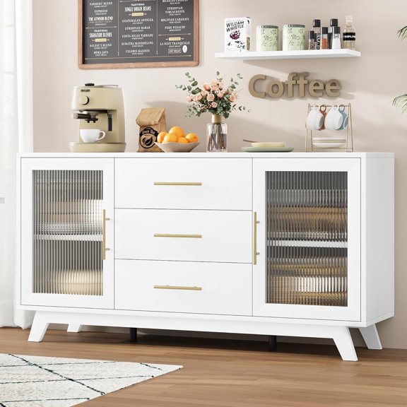 Sideboard Buffet Cabinet with 2 Fluted Glass Doors & 3 Large Drawers, 56" Modern Coffee Bar Cabinet,White Storage Cabinet, White Top